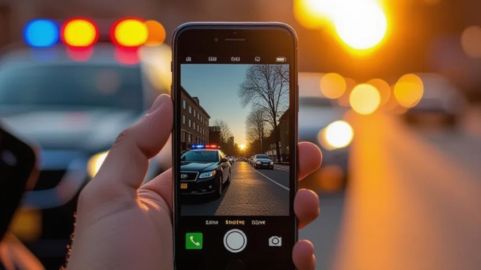 Person recording an encounter from a safe distance with a phone held horizontally.