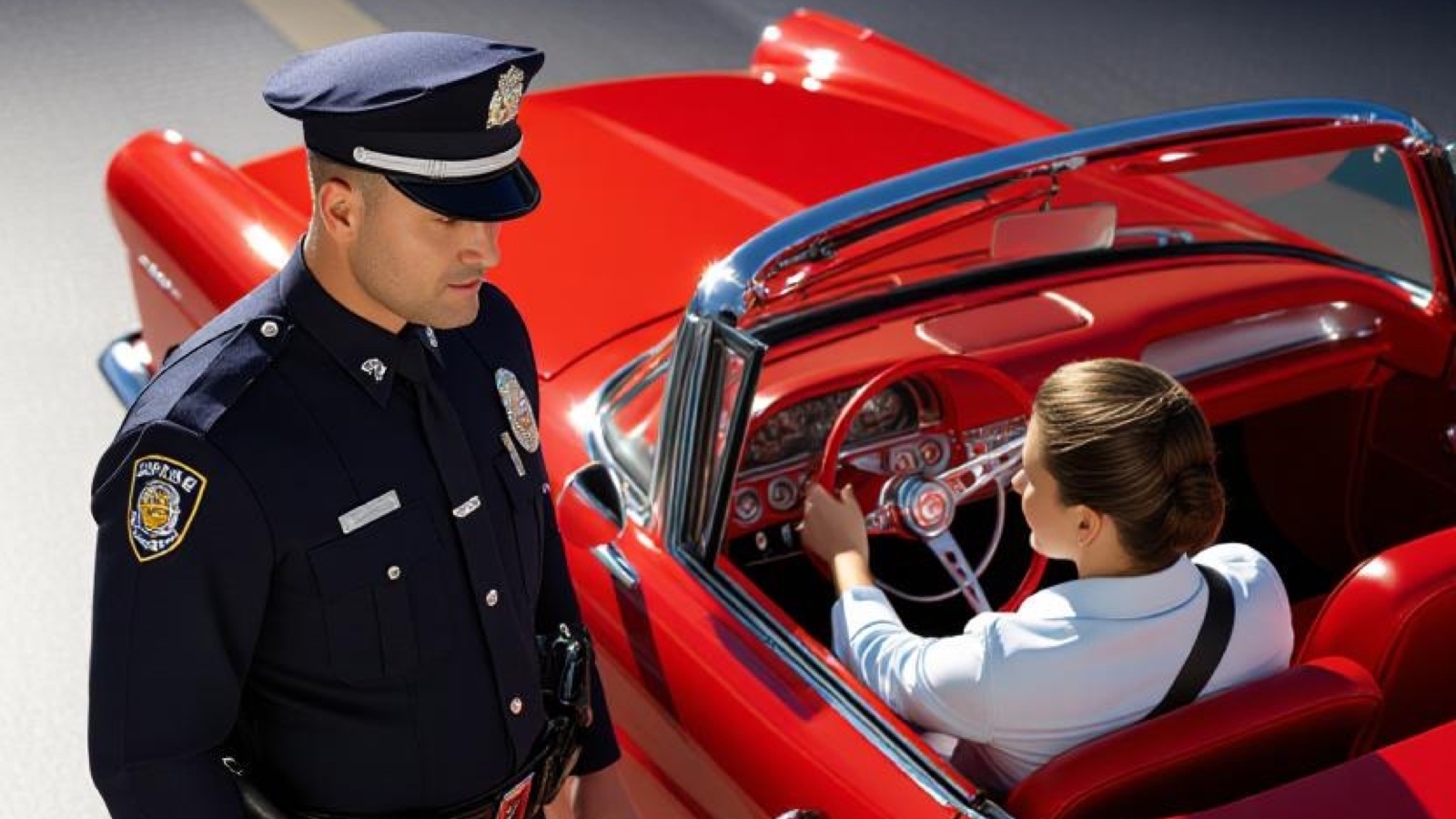Driver keeping both hands visible on the wheel during a traffic stop, calm and respectful.